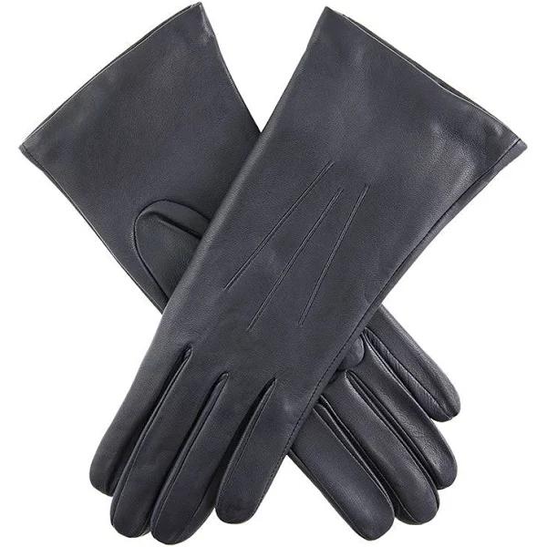 Women's Three-Point Cashmere-Lined Leather Gloves, Navy / 8.5