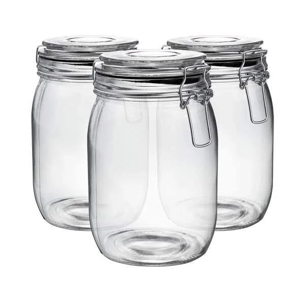 Argon Tableware Glass Storage Jars with Airtight Clip Lid - 1 Litre Set - Black Seal - Pack of 3