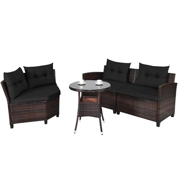 Costway 4pcs Patio Furniture Outdoor Rattan Sofa Set Lounge Couch Setting w/Glass Table Garden Backyard Black