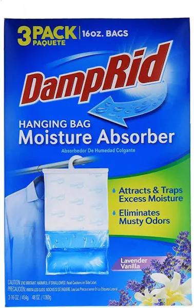 DampRid Lavender Vanilla Hanging Bag Moisture Absorber For Closets - Odor Eliminator - 3 Pack (16oz. ea.); Traps Excess Moisture For Fresher, Cleaner