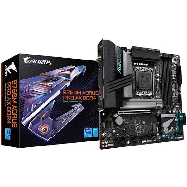 Gigabyte B760M AORUS Pro AX DDR4 Intel LGA 1700 M-ATX Motherboard, 4x DDR5 ~128GB, 2x Pci-e x16, 2x M.2, 4x SATA, 4x USB 3.2, 1x USB-C, 4x USB 2.0