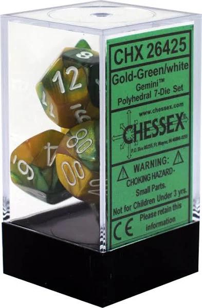 Chessex Gemini Polyhedral 7-Die Dice Set (Gold/Green & White)