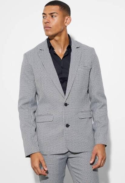 Mens Black Skinny Single Breasted Dogstooth Suit Jacket