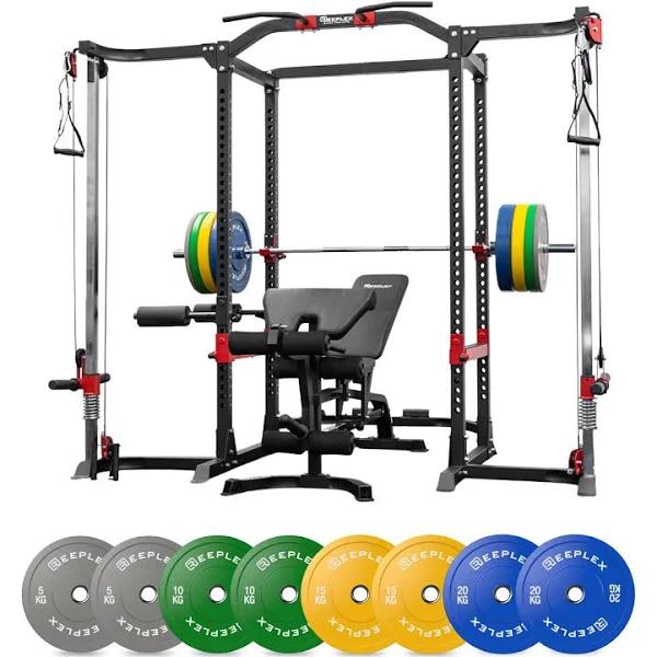 Reeplex Power Cage with Cable Crossover + Bench + 120kg Coloured Bumper Set