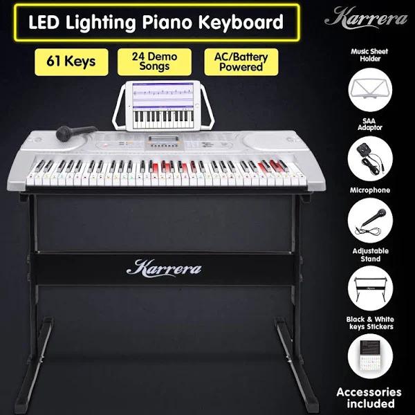 Karrera 61 Keys Electronic LED Keyboard Piano With Stand - Silver