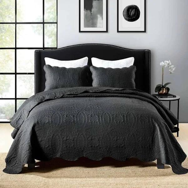 Linen Comfort Chic Bedspread Coverlet Set Comforter Quilt King / Super King Size 250 x 270cm Black