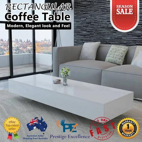 White Rectangular Coffee Table High Gloss Wood Modern Home Living Room