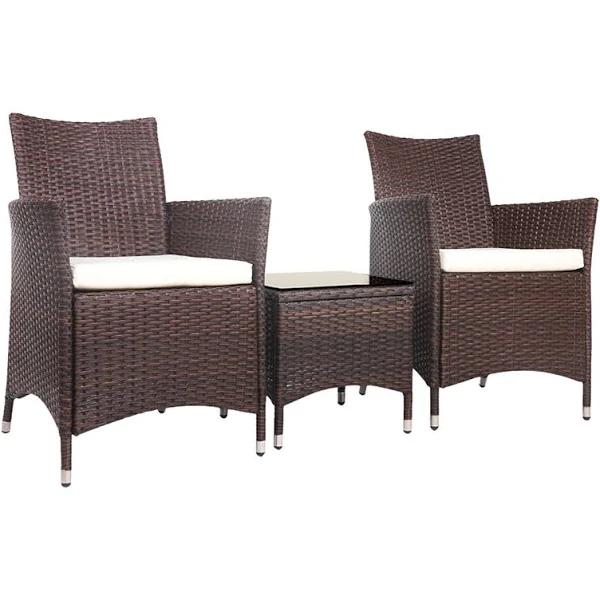 Gardeon 3pc Bistro Wicker Outdoor Furniture Set - Brown