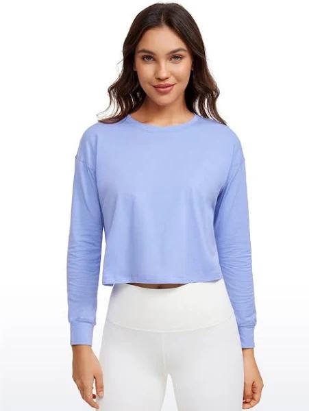 CRZ Yoga Women's Yoga Loose Fit Tops Pima Cotton Cropped Long Sleeve Periwinkle Purple / XXS