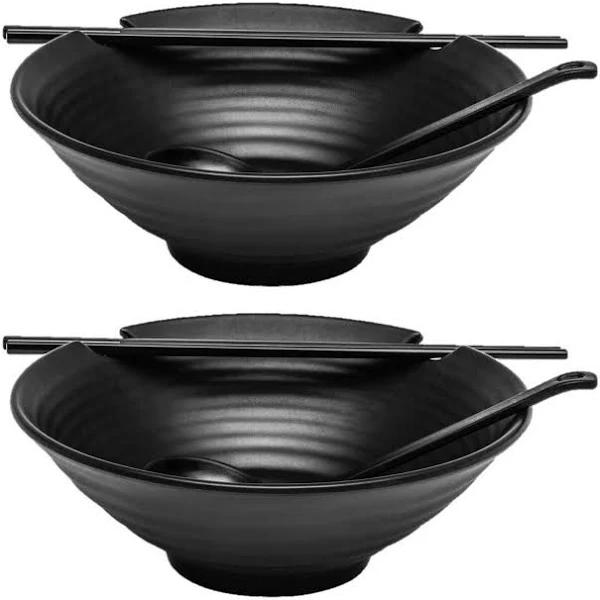 2 x Ramen Bowl Set (Black Melamine), 6pcs Japanese Style Soup Bowls