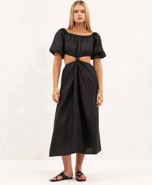 AERE - Women's Black Midi Dresses - Linen Knot Off The Shoulder Midi Dress - Size 14 at The Iconic