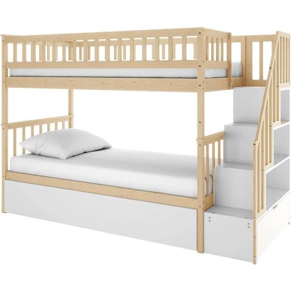 Jessica Timber Bunk Bed with Storage Staircase - Natural and White