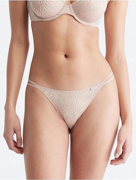 Calvin Klein Sheer Marquisette Lace High Leg Tanga in Beige Natural L