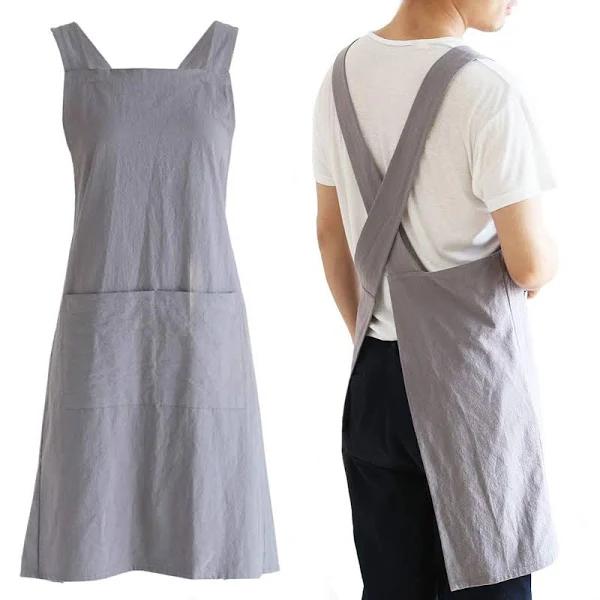 Japanese Linen Cross Back Kitchen Cooking Aprons For Men with Pockets For Baking Painting Gardening Cleaning Gray