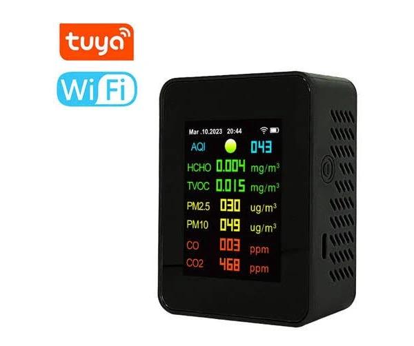 Tuya Wifi Portable Air Quality Meter 7in1 PM2.5 PM10 Carbonic Oxide CO2 TVOC HCHO AQI Tester TFT Color Screen Carbon Dioxide Detector with Time and