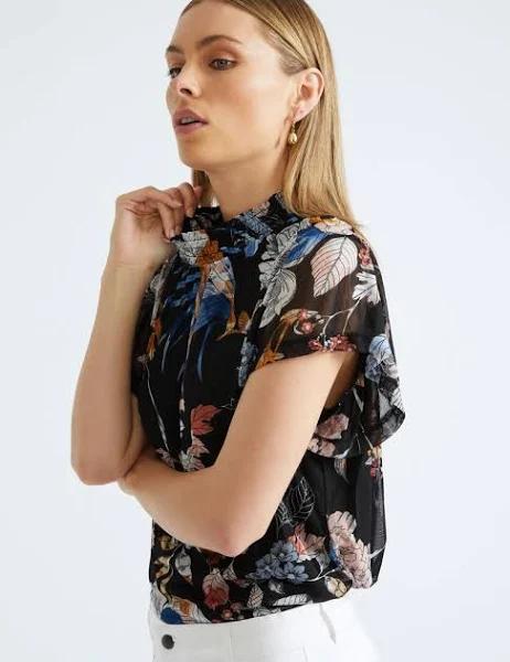 Katies Cap Sleeve Mock Neck Top - Womens - Dark Floral