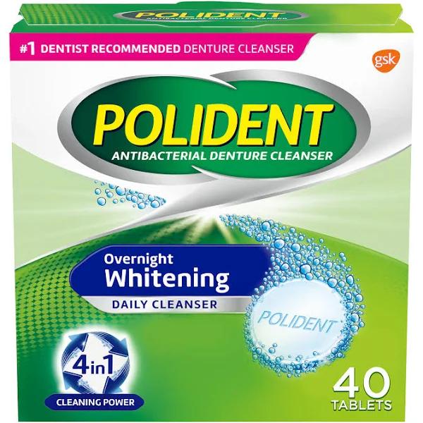 Polident Denture Cleanser, Overnight Whitening, Tablets, 40 EA