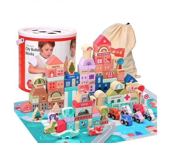 Wooden Building Blocks Set Kids Learning Educational Toys