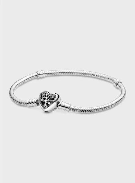 Pandora Moments Snake Chain Bracelet with Family Tree Heart Clasp - Enamel / Sterling Silver / Cubic Zirconia / Clear - Sz. 21 cm