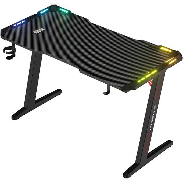 Advwin Gaming Desk RGB LED Light Computer Desk Gaming Workstation Carbon Fiber Table Surface with Cup Holder and Headphone Hook