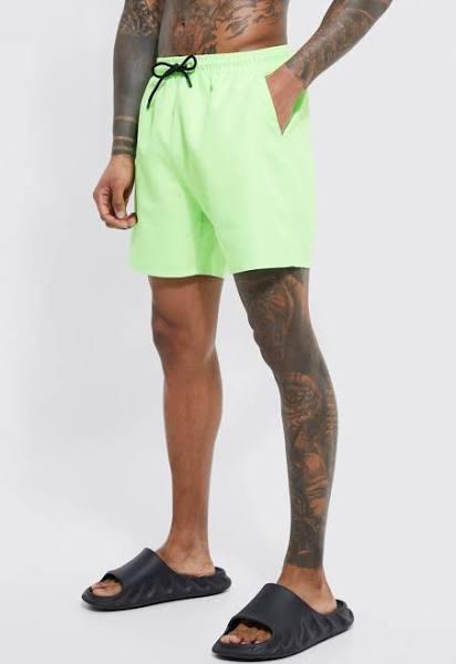 Mens Neon-Green Mid Length Plain Swim Shorts