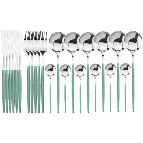 24pcs Stainless Steel Cutlery Set Fork Knife Spoon Tableware Flatware - Mint Silver - AfterPay & zipPay Available