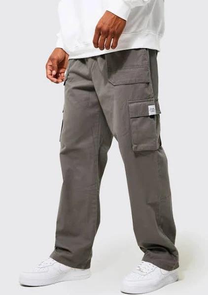 boohooMAN Grey Men's Elasticated Waist Relaxed Fit Buckle Cargo Trouser - Size XL