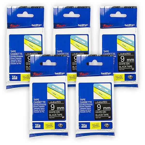 5-Pack Brother PT-D610BT 9mm White Text On Black Laminated Tape - 8 Meters [Genuine]