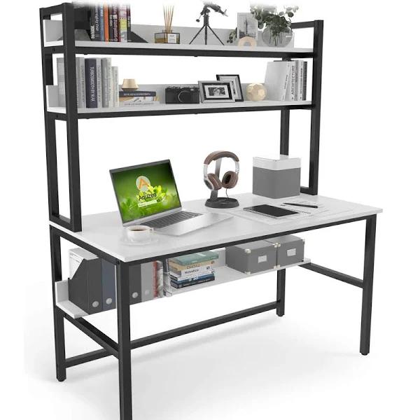 Aquzee Computer Desk with Hutch and Bookshelf, 47 Inch Wide White Home Office Desk with Space Saving Design, White Desk with 3 Tier Storage Shelves