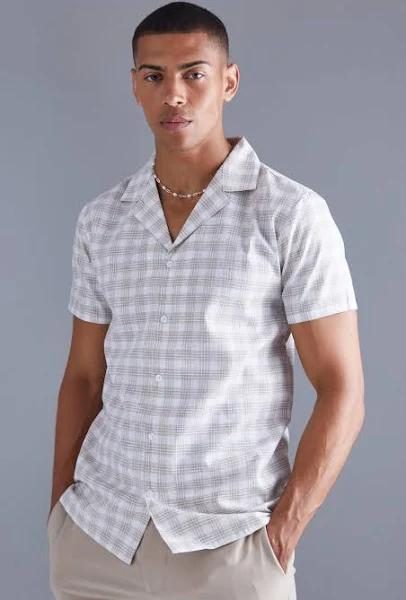 Mens Ecru Short Sleeve Oversized Grid Check Shirt