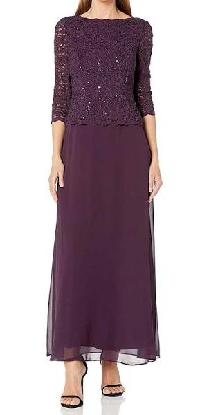 Alex Evenings Petite Sequin Lace Gown - Deep Plum - Size 16p