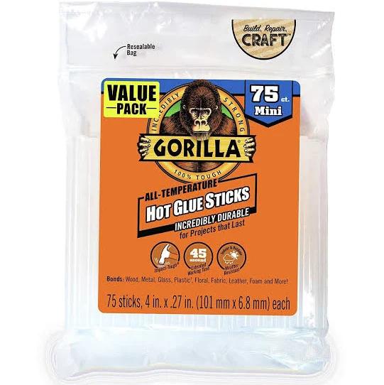 Gorilla Hot Glue Sticks, Mini Size, 4" Long x .27" Diameter, 75 Count, Clear, (Pack of 1) 75 Count - 4" x .27" 1 Pack