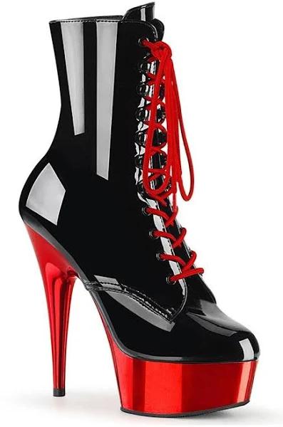 Pleaser DELIGHT-1020 Black Patent Red Chrome Ankle Boots 10