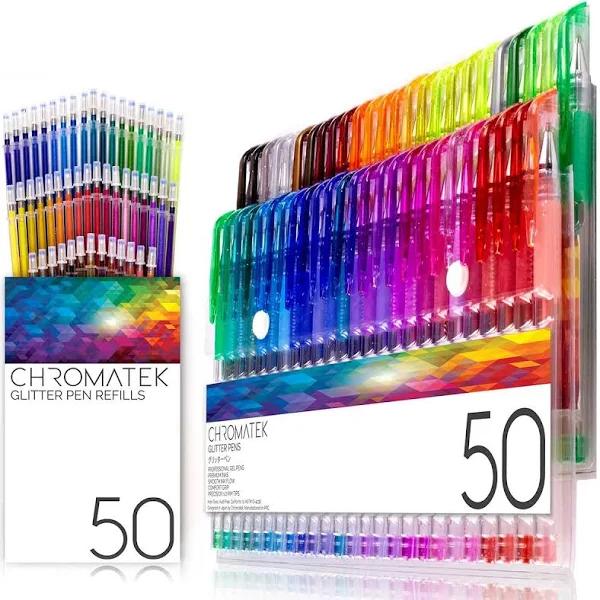 Chromatek Glitter Pens 100 Set Best Colors. 200% The Ink: 50 Gel Pens, 50 Refills. Super Glittery Ultra Vivid Colors. No Repeats. Professional Art PE