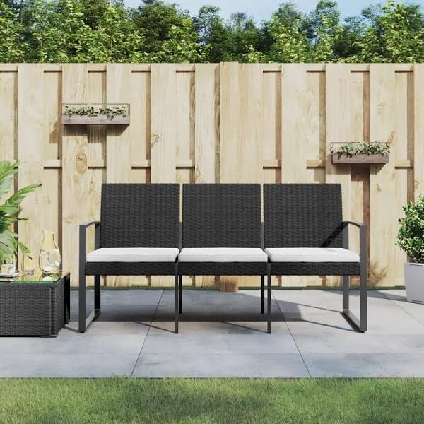 3-Seater Garden Bench with Cushions Black PP Rattan vidaXL