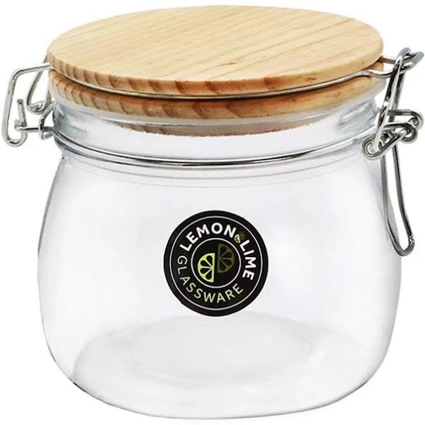 Lemon and Lime & Glass Clip Jar Wooden Lid 470ml 10.5X11cm