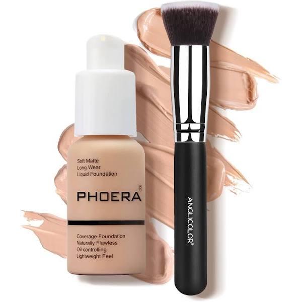 Phoera 30ml Foundation Liquid, Foundation Full Coverage 24hr Matte Oil Control Concealer Liquid Foundation with Foundation Brush,Soft Matte Full Cove