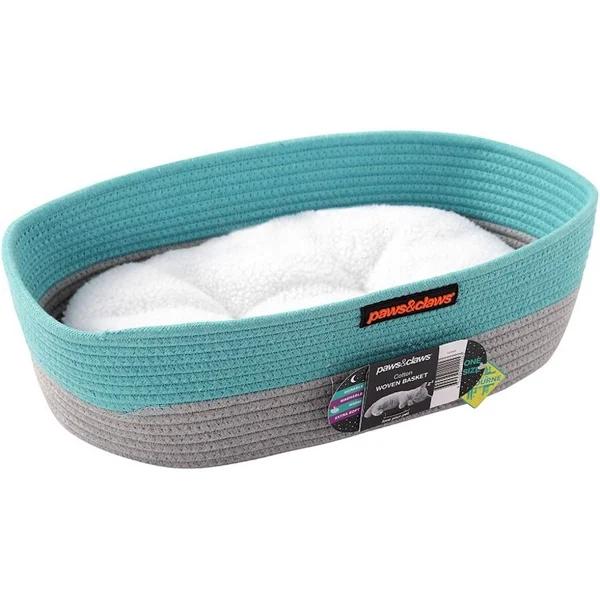 Paws & Claws Pet/Cat 40cm Cotton Woven Basket Sleeping Bed w/ Cushion Teal/Grey