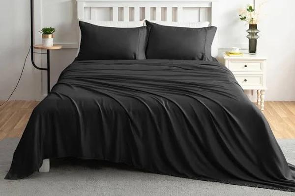 Linenova 100% Natural Premium Bamboo Sheet Sets Pillowcases Flat Fitted Sheet All Size (Black, King)