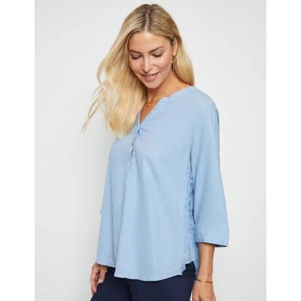 Noni B 3/4 Sleeve Lace Trim Linen Top