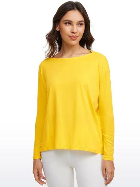 CRZ Yoga Women's Casual Loose Fit Pima Cotton Long Sleeves Boat Neck High Visibility Yellow / M