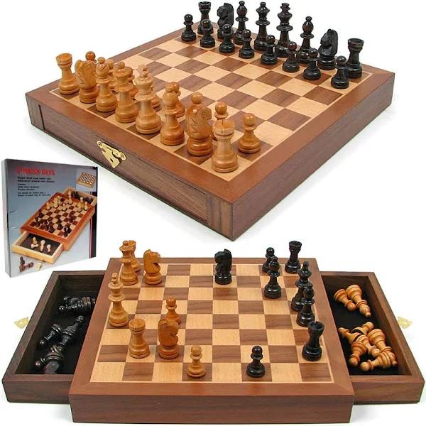 Chess Set - Inlaid Walnut Style Magnetised Wood with Staunton Wood Chessmen by Hey! Play!