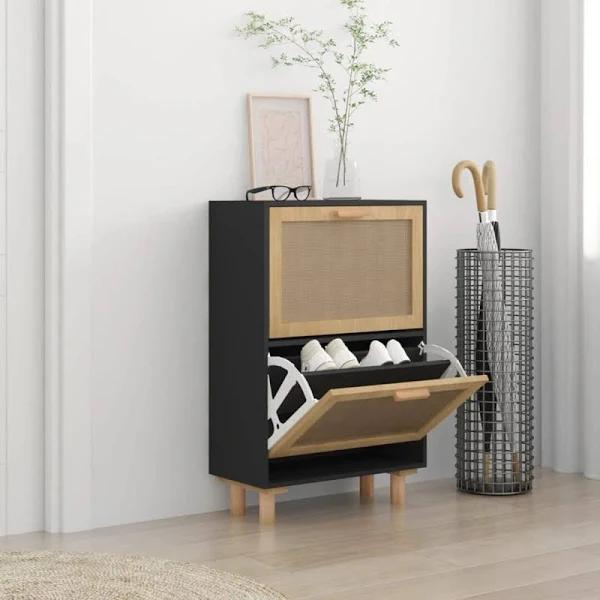 Shoe Cabinet Black 52x25x80 cm Engineered Wood and Natural Rattan