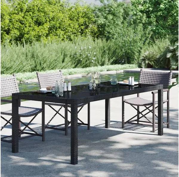 vidaXL Garden Table Black 190x90x75 cm Tempered Glass and Poly Rattan