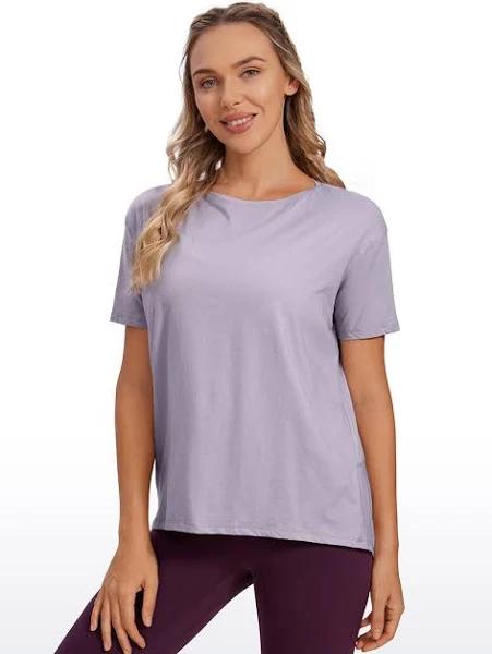 CRZ Yoga Women's Yoga Loose Fit Pima Cotton Short Sleeves Boat Neck Tinsel Purple / S