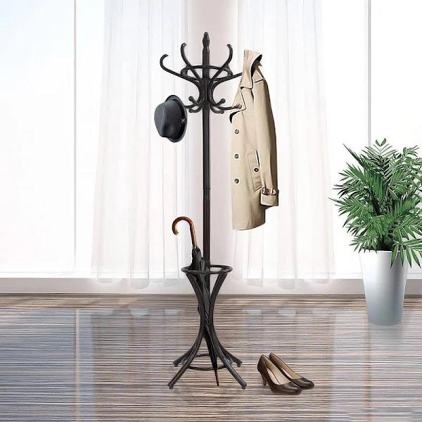 Carla Home Brown Coat Rack with Stand Wooden Hat and 12 Hooks Hanger Walnut Tree