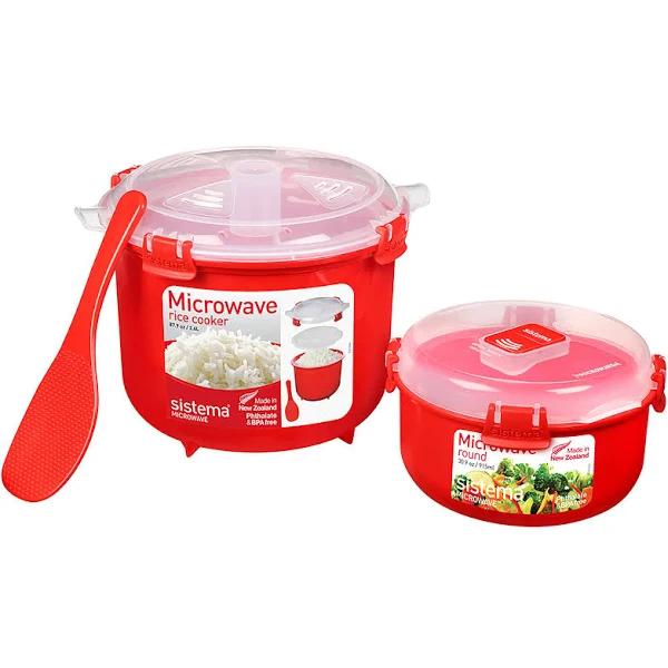 Sistema 82001 Microwave Rice Cooker (2.6L) and Round Microwave Food Container (915Ml) BPA-Free, Red/Clear