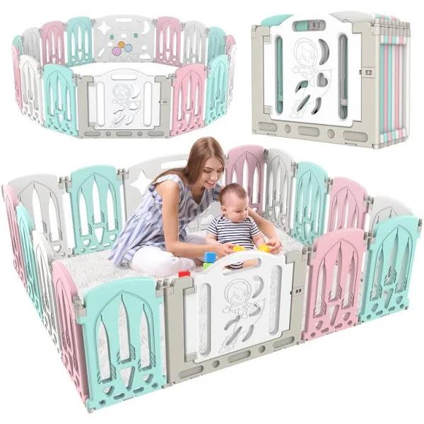 Advwin Foldable Baby PlayPen Baby Activity Safety Centre for Indoor Outdoor 16/18/20 Panels & Toddler Slide and Swing Set