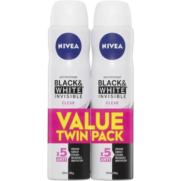 Nivea Black & White Invisible Clear Anti-Perspirant Aerosol Deodorant Twin Pack 2x250ml