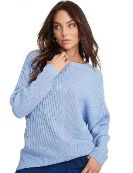 Rockmans - Womens Jumper Pullover Sweater Blue Winter Long Solid Ribbed Batwing